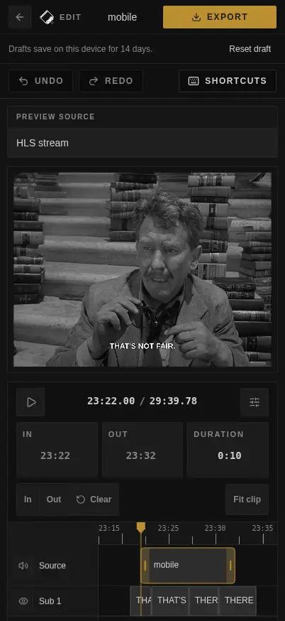 Cliparr running in a narrow mobile layout with a dashboard, source controls, and playback actions.